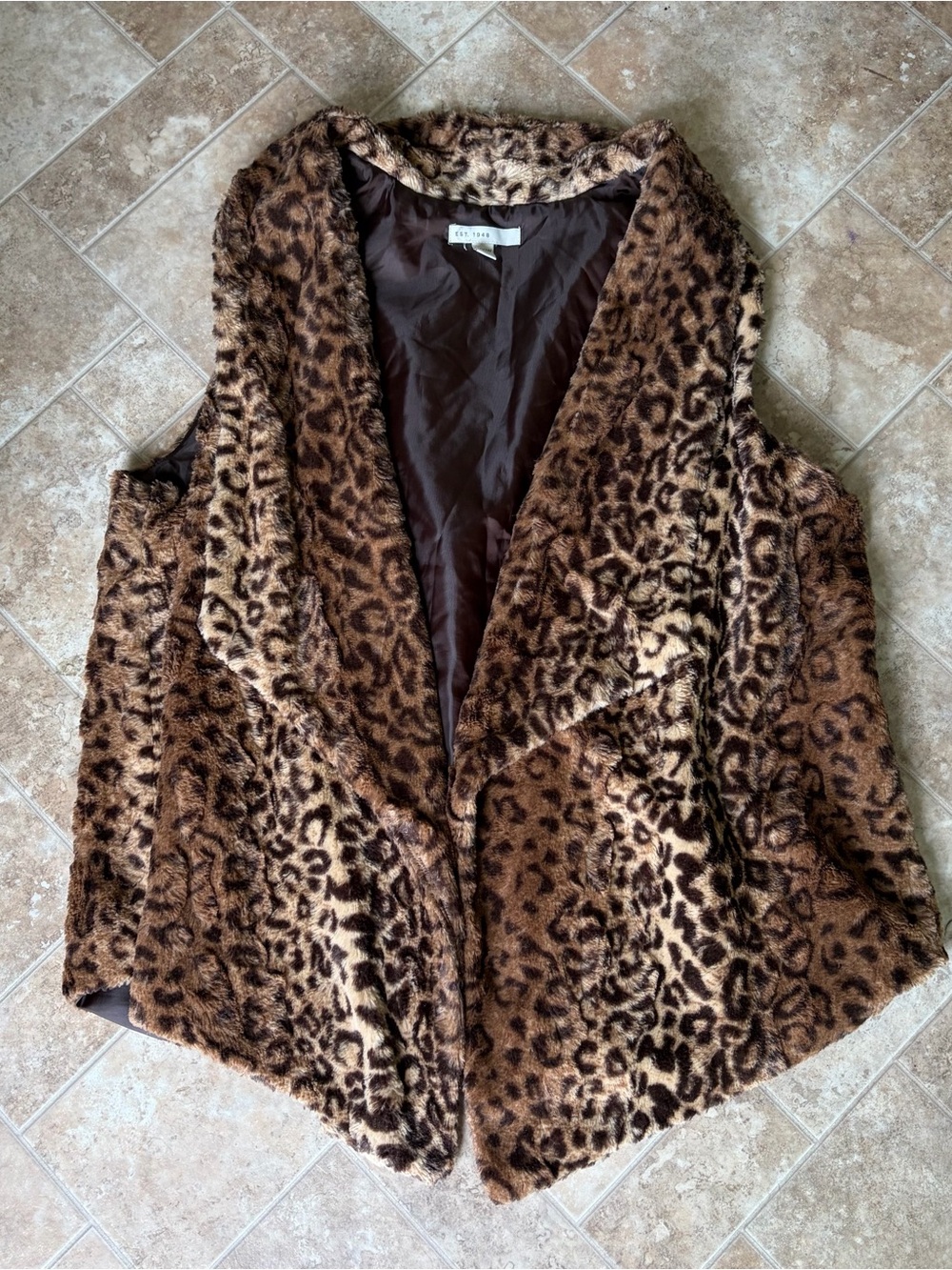 C Established 1946 Leopard Cheetah Print Faux Fur Vest - Brown